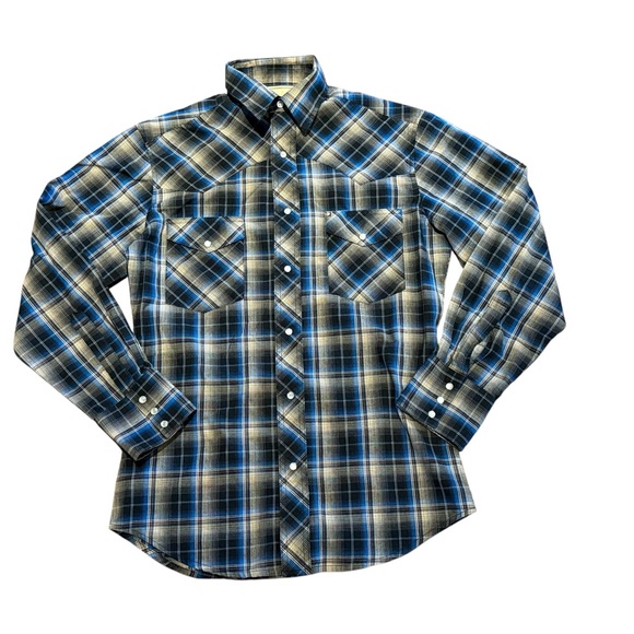 Wrangler Men's Small Tan, Blue and Black Plaid Pearl Snap Long Sleeve Shirt - Picture 1 of 6